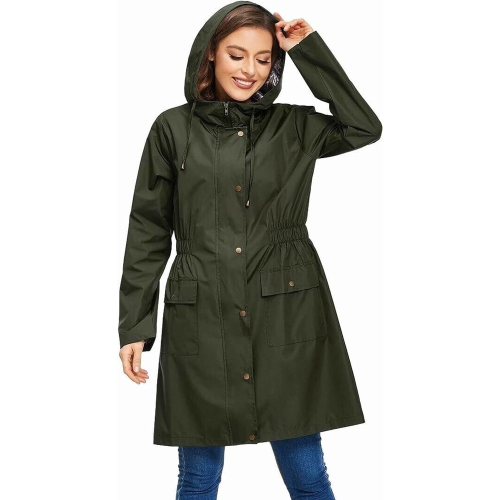Women's Long Hooded Rain Jacket Outdoor Raincoat Windbreaker, Green, Extra Large